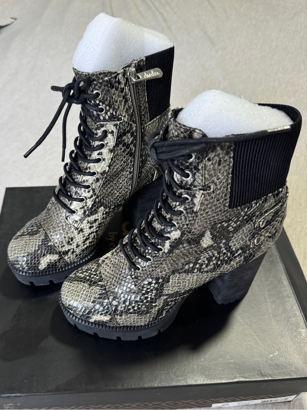 Charles by Charles David Wyatt Snake Print Combat Boots 7.5